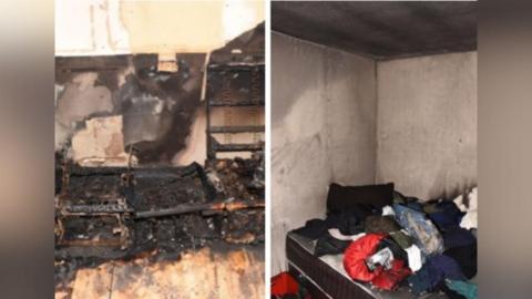 The inside of a flat being destroyed by fire. 