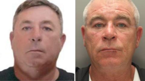 Two men, who are brothers, one is a passport photo with a white background and the other is on a grey background. 