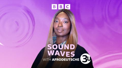 Photo of Afrodeutsche against a purple gradient graphic background. At the top of the frame is the BBC logo, at the bottom of the frame is the text: " SOUND WAVES WITH AFRODEUTSCHE"