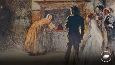 A painting of a scene from Jane Eyre. A woman is in a long brown dress leaning over a table. There are a group of people to the right watching her. 
