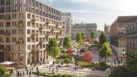 A CGI image of a block of flats and a public space populated by trees, grass and people.
