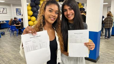 Two teenage girls holding their exam results in a school hall.