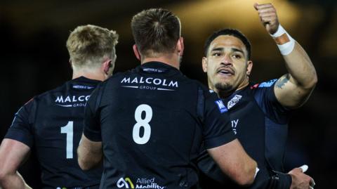 Glasgow Warriors' Matt Fagerson, Kyle Steyn and Sione Tuipulotu celebrate