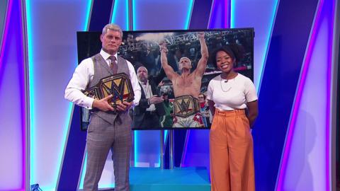 Emma-Louise on the Newsround set with Cody Rhodes