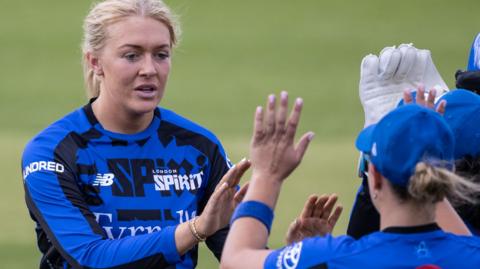 Sarah Glenn celebrates taking a wicket for Trent Rockets