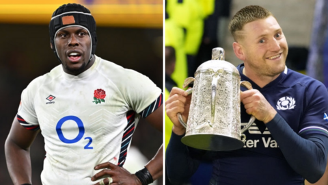 England captain .Maro Itoje (left) looks on as Scotland co-captain Finn Russell holds the Calcutta Cup