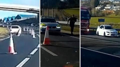 Dash cam footage of a white car hitting a traffic cone and a police officer running