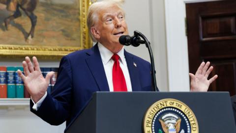 Trump holds his hands out as he speaks into a microphone in the White House