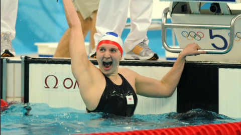 BEIJING - AUGUST 11: Great Britain"s Rebecca Adlington celebrates winning the Women"s 400m Freestyle final at the National Aquatics Centre at the 2008 Beijing Olympic Games. PRESS ASSOCIATION