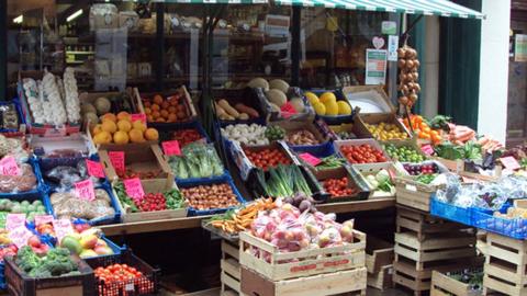 A picture of the display outside a greengrocers