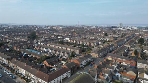 An aerial shot of houses in Grimsby.