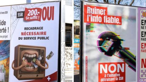A Yes campaign poster showing an open mouth says 200 francs is enough but the No campaign showing a microphone says it will destroy the broadcaster