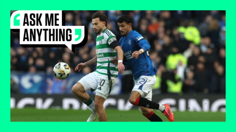 Nicolas Kuhn and Jefte battle for the ball with an Ask Me Anything border around them