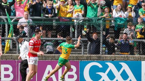 Conor O'Donnell celebrates scoring Donegal's first goal in their victory over Louth at Ballybofey. 