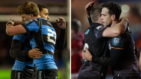 Cardiff's Ben Thomas celebrates the win against Dragons (left) while Ospreys Kieran Hardy is congratulated after his try against Scarlets (right)