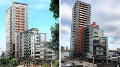 Side-by-side image of computer generated apartment plans and real picture