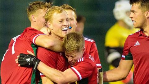 Rupert Shipperley celebrates with his Wales team-mates