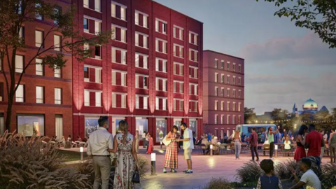 An artist's impression of some of the new development with people in the street outside