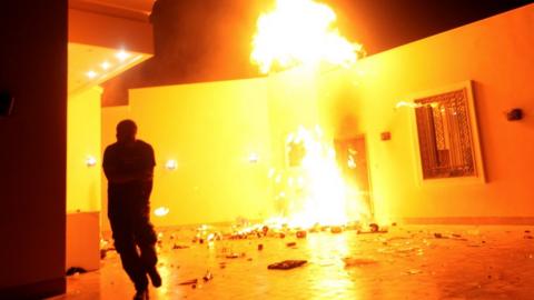 The US building in Benghazi is seen in flames September 11, 2012.