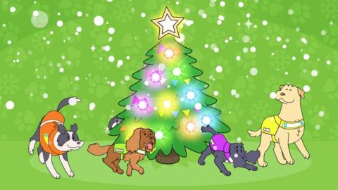 The Dog Squad dogs dance around a Christmas tree in the snow.