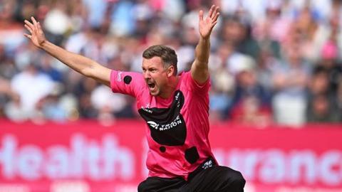 Jake Ball appealing for a wicket for Somerset.