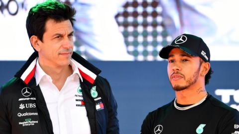 Mercedes' Toto Wolff and Lewis Hamilton