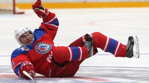 Russian President Vladimir Putin is seen during the match of the Night Hockey League in Sochi, Russia, May,10,2016. Putin attended a hockey match with NHL veterans, Putin's team won 11: 5.