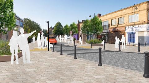 A rendering of a revamped tow centre showing pedestrianised areas and traffic calming measures 