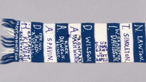 Traditional football scar knitted for the 1964 FA Cup Final for a Preston North End fan