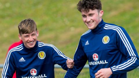 Ryan Gauld and John Souttar joking during a Scotland Under-21 training session