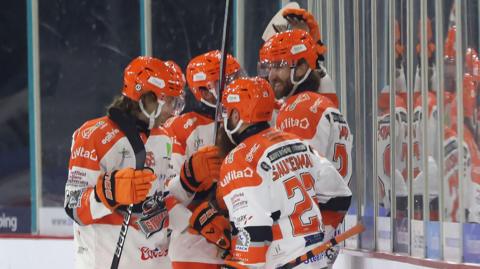 The Sheffield Steelers celebrate a goal