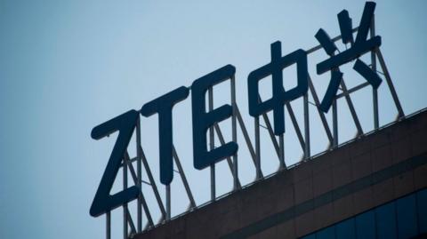 ZTE sign above offices in Shanghai on May 3, 2018