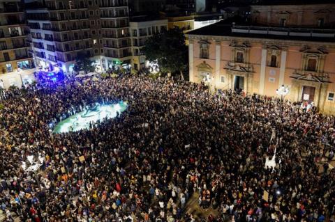 Thousands of protesters in a main square in Valencia