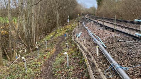 A image from the top of the embankment where the landslip has occurred.