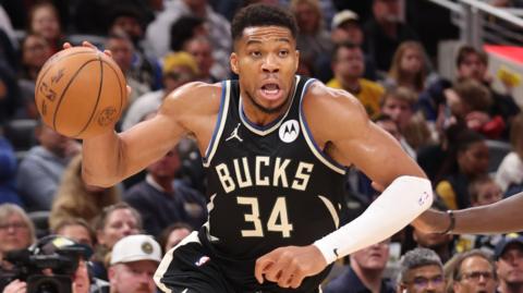 Giannis Antetokounmpo in action for the Milwaukee Bucks against the
Indiana Pacers