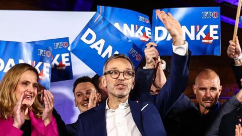 Chairman and top candidate of the Freedom Party of Austria (FPOe) Herbert Kickl (C) celebrates during FPOe election event after parliamentary elections in Vienna, Austria, 29 September 2024