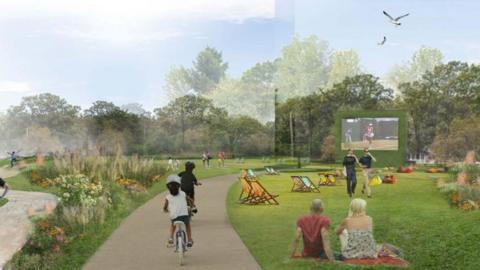 A depiction of the Pier Gardens regeneration scheme with deck chairs on one side of the grass and two children cycling along a path in the middle with flower beds on the other side