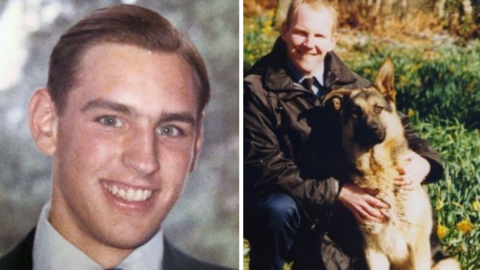 Two photographs side-by-side of PC Christopher McDonald and PC Ged Walker. The left photo is a head shot of  PC McDonald. The photo on the right is of PC Walker kneeling down next to a dog 