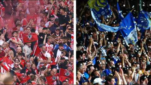 A composite image with crowds of flag waving Southampton and Portsmouth fans