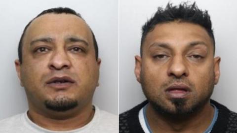 Side-by-side mugshots. Both men have some black facial hair just on their chin. They have short black hair.
