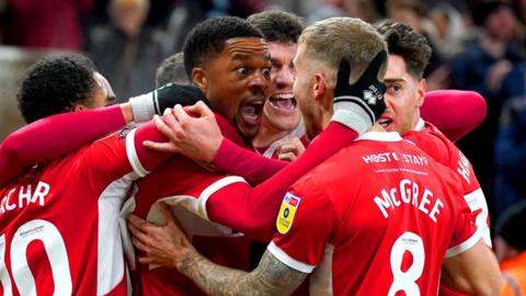 Middlesbrough celebrate Chuba Akpom's goal against Stoke