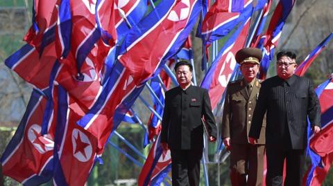 North Korean leader Kim Jong-un (R) arrives for an opening ceremony of a new residential housing project on Ryo Myong street in Pyongyang, North Korea, 13 April 2017