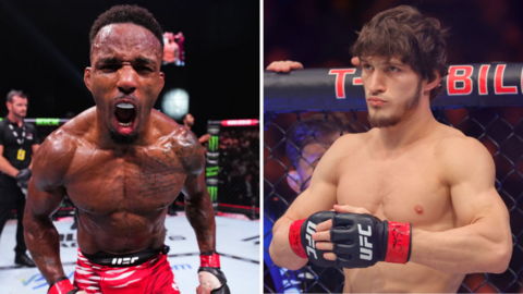 Split image of Lerone Murphy celebrating and Movsar Evloev with his UFC gloves