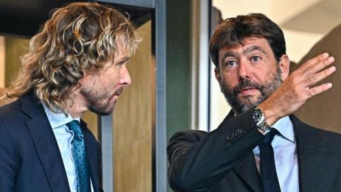 File pic of former Juventus vice president Pavel Nedved (L) and Juventus former chairman Andrea Agnelli in August 2022