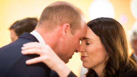 Prince William is greeted with a traditional Maori greeting, a Hongi, in Auckland in 2019