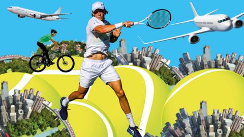 Tennis sustainability graphic with planes, cities and a cyclist