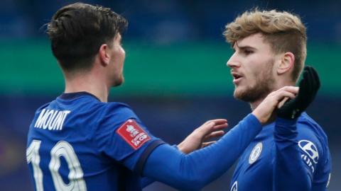 Chelsea's Timo Werner celebrates scoring with Mason Mount in the FA Cup third round tie against League Two Morecambe