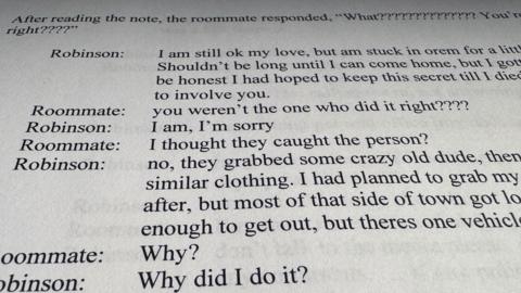 A charging document that shows the alleged text exchange between the suspect and his roomate