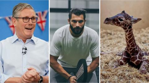 Triple image shows Sir Keir Starmer, a man holding a padel bat and a baby giraffe