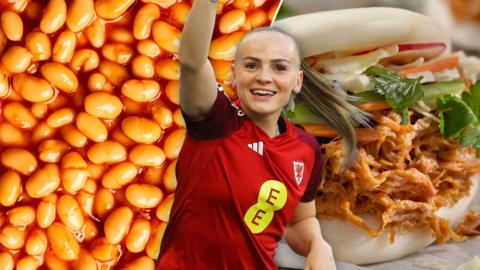 A split image of baked beans, a bao bun and Wales footballer Lily Woodham